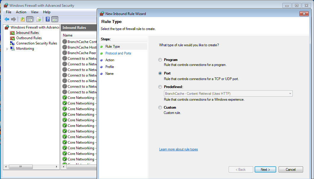 Firewall Settings - New Inbound rule